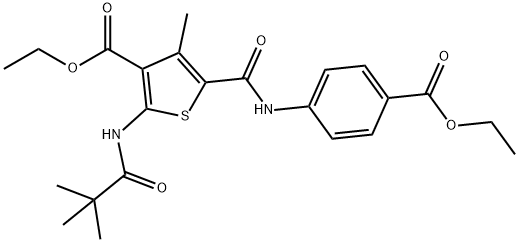 ethyl 2-[(2,2-dimethylpropanoyl)amino]-5-{[4-(ethoxycarbonyl)anilino]carbonyl}-4-methyl-3-thiophenecarboxylate Struktur