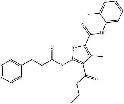 ethyl 4-methyl-2-[(3-phenylpropanoyl)amino]-5-(2-toluidinocarbonyl)-3-thiophenecarboxylate 化学構造式