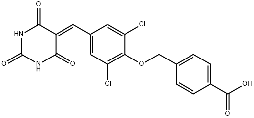 4-({2,6-dichloro-4-[(2,4,6-trioxotetrahydro-5(2H)-pyrimidinylidene)methyl]phenoxy}methyl)benzoicacid 化学構造式