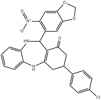 3-(4-chlorophenyl)-11-{6-nitro-1,3-benzodioxol-5-yl}-2,3,4,5,10,11-hexahydro-1H-dibenzo[b,e][1,4]diazepin-1-one,330957-26-1,结构式