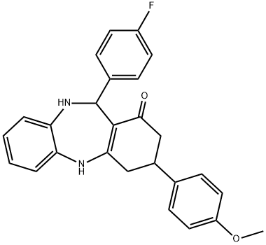 11-(4-fluorophenyl)-3-(4-methoxyphenyl)-2,3,4,5,10,11-hexahydro-1H-dibenzo[b,e][1,4]diazepin-1-one Struktur
