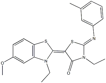 3-ethyl-5-(3-ethyl-5-methoxy-1,3-benzothiazol-2(3H)-ylidene)-2-[(3-methylphenyl)imino]-1,3-thiazolidin-4-one 化学構造式