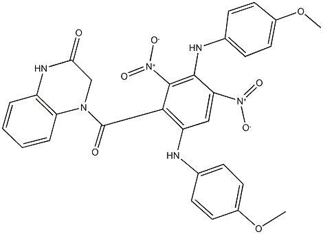 4-[2,4-bisnitro-3,6-bis(4-methoxyanilino)benzoyl]-3,4-dihydro-2(1H)-quinoxalinone Struktur