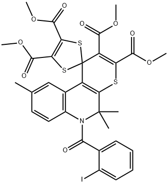 tetramethyl 5',5',9'-trimethyl-6'-(2-iodobenzoyl)-5',6'-dihydrospiro[1,3-dithiole-2,1'-(1'H)-thiopyrano[2,3-c]quinoline]-2',3',4,5-tetracarboxylate Structure