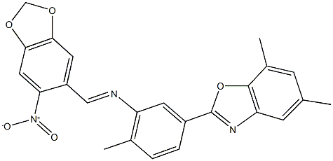 2-{3-[({6-nitro-1,3-benzodioxol-5-yl}methylene)amino]-4-methylphenyl}-5,7-dimethyl-1,3-benzoxazole,330986-82-8,结构式