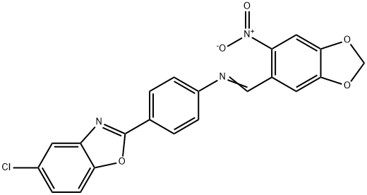 5-chloro-2-{4-[({6-nitro-1,3-benzodioxol-5-yl}methylene)amino]phenyl}-1,3-benzoxazole 结构式