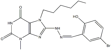 5-bromo-2-hydroxybenzaldehyde (7-hexyl-3-methyl-2,6-dioxo-2,3,6,7-tetrahydro-1H-purin-8-yl)hydrazone,330990-62-0,结构式