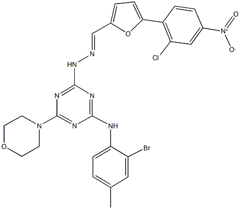 5-{2-chloro-4-nitrophenyl}-2-furaldehyde [4-(2-bromo-4-methylanilino)-6-morpholin-4-yl-1,3,5-triazin-2-yl]hydrazone 化学構造式