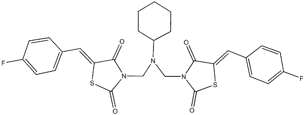 3-[(cyclohexyl{[5-(4-fluorobenzylidene)-2,4-dioxo-1,3-thiazolidin-3-yl]methyl}amino)methyl]-5-(4-fluorobenzylidene)-1,3-thiazolidine-2,4-dione 结构式