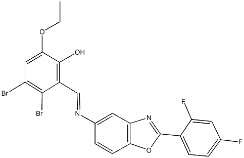 3,4-dibromo-2-({[2-(2,4-difluorophenyl)-1,3-benzoxazol-5-yl]imino}methyl)-6-ethoxyphenol 化学構造式