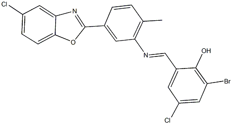 2-bromo-4-chloro-6-({[5-(5-chloro-1,3-benzoxazol-2-yl)-2-methylphenyl]imino}methyl)phenol Struktur