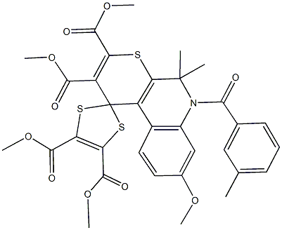 tetramethyl 8'-methoxy-5',5'-dimethyl-6'-(3-methylbenzoyl)-5',6'-dihydrospiro(1,3-dithiole-2,1'-[1'H]-thiopyrano[2,3-c]quinoline)-2',3',4,5-tetracarboxylate Structure