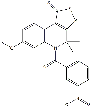 5-{3-nitrobenzoyl}-7-methoxy-4,4-dimethyl-4,5-dihydro-1H-[1,2]dithiolo[3,4-c]quinoline-1-thione Struktur