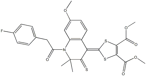 dimethyl 2-(1-[(4-fluorophenyl)acetyl]-7-methoxy-2,2-dimethyl-3-thioxo-2,3-dihydroquinolin-4(1H)-ylidene)-1,3-dithiole-4,5-dicarboxylate 化学構造式