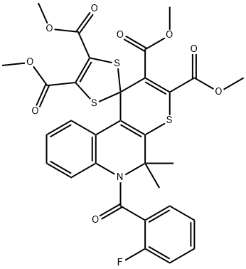 tetramethyl 6-(2-fluorobenzoyl)-5,5-dimethyl-5,6-dihydrospiro(1H-thiopyrano[2,3-c]quinoline-1,2-[1,3]-dithiole)-2,3,4',5'-tetracarboxylate 化学構造式