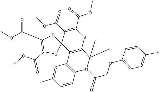 tetramethyl 6'-[(4-fluorophenoxy)acetyl]-5',5',9'-trimethyl-5',6'-dihydrospiro[1,3-dithiole-2,1'-(1'H)-thiopyrano[2,3-c]quinoline]-2',3',4,5-tetracarboxylate Struktur