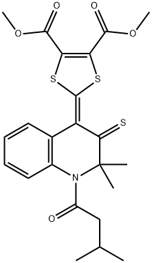 dimethyl 2-(2,2-dimethyl-1-(3-methylbutanoyl)-3-thioxo-2,3-dihydroquinolin-4(1H)-ylidene)-1,3-dithiole-4,5-dicarboxylate 化学構造式