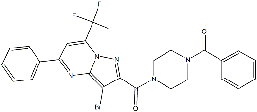 3-bromo-5-phenyl-2-{[4-(phenylcarbonyl)piperazin-1-yl]carbonyl}-7-(trifluoromethyl)pyrazolo[1,5-a]pyrimidine 化学構造式