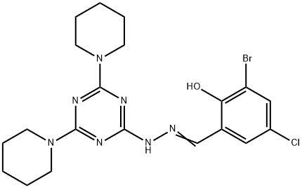 3-bromo-5-chloro-2-hydroxybenzaldehyde (4,6-dipiperidin-1-yl-1,3,5-triazin-2-yl)hydrazone,331463-90-2,结构式
