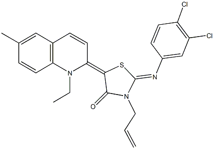 3-allyl-2-[(3,4-dichlorophenyl)imino]-5-(1-ethyl-6-methyl-2(1H)-quinolinylidene)-1,3-thiazolidin-4-one Struktur
