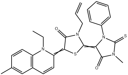 3-allyl-5-(1-ethyl-6-methyl-2(1H)-quinolinylidene)-2-(1-methyl-5-oxo-3-phenyl-2-thioxo-4-imidazolidinylidene)-1,3-thiazolidin-4-one Structure