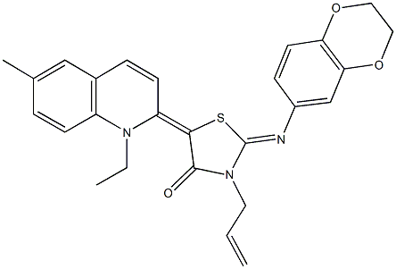 3-allyl-2-(2,3-dihydro-1,4-benzodioxin-6-ylimino)-5-(1-ethyl-6-methyl-2(1H)-quinolinylidene)-1,3-thiazolidin-4-one,331464-29-0,结构式