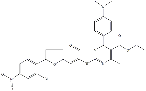 ethyl 2-[(5-{2-chloro-4-nitrophenyl}-2-furyl)methylene]-5-[4-(dimethylamino)phenyl]-7-methyl-3-oxo-2,3-dihydro-5H-[1,3]thiazolo[3,2-a]pyrimidine-6-carboxylate Struktur