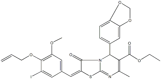 ethyl 2-[4-(allyloxy)-3-iodo-5-methoxybenzylidene]-5-(1,3-benzodioxol-5-yl)-7-methyl-3-oxo-2,3-dihydro-5H-[1,3]thiazolo[3,2-a]pyrimidine-6-carboxylate,331639-81-7,结构式