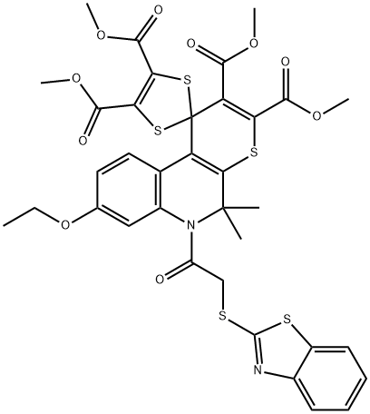 2,3,4',5'-tetramethoxycarbonyl-6-[(1,3-benzothiazol-2-ylsulfanyl)acetyl]-8-ethoxy-5,5-dimethyl-5,6-dihydro- spiro[1H-thiopyrano[2,3-c]quinoline-1,2'-(1',3'-dithiole)],331640-11-0,结构式