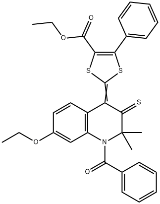 ethyl 2-(1-benzoyl-7-ethoxy-2,2-dimethyl-3-thioxo-2,3-dihydro-4(1H)-quinolinylidene)-5-phenyl-1,3-dithiole-4-carboxylate 化学構造式