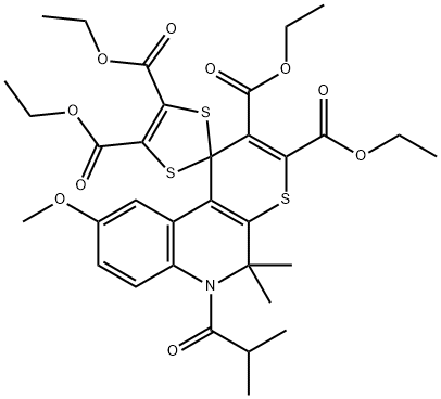 tetraethyl 6-isobutyryl-9-methoxy-5,5-dimethyl-5,6-dihydrospiro(1H-thiopyrano[2,3-c]quinoline-1,2'-[1,3]-dithiole)-2,3,4',5'-tetracarboxylate Struktur