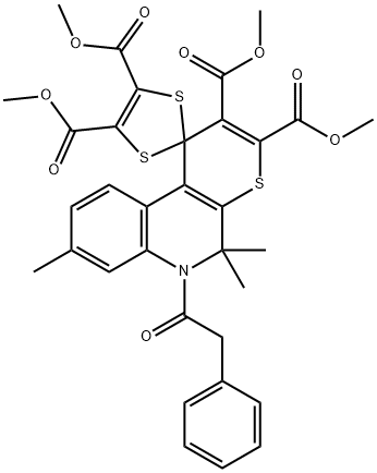 tetramethyl 5,5,8-trimethyl-6-(phenylacetyl)-5,6-dihydrospiro(1H-thiopyrano[2,3-c]quinoline-1,2'-[1,3]-dithiole)-2,3,4',5'-tetracarboxylate Structure