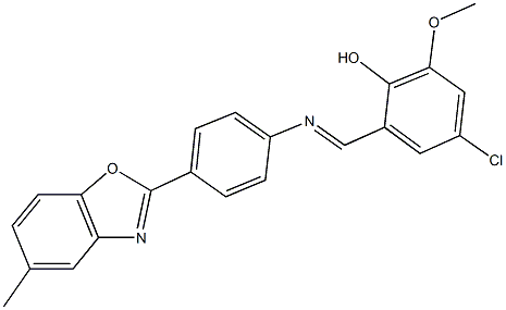 4-chloro-2-methoxy-6-({[4-(5-methyl-1,3-benzoxazol-2-yl)phenyl]imino}methyl)phenol 结构式