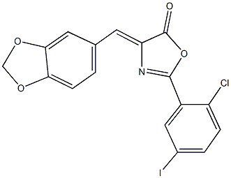 4-(1,3-benzodioxol-5-ylmethylene)-2-(2-chloro-5-iodophenyl)-1,3-oxazol-5(4H)-one Struktur