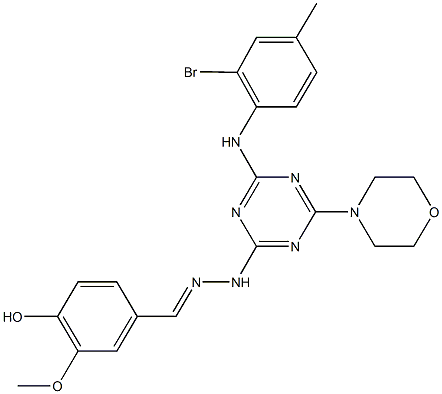 4-hydroxy-3-methoxybenzaldehyde [4-(2-bromo-4-methylanilino)-6-(4-morpholinyl)-1,3,5-triazin-2-yl]hydrazone Structure