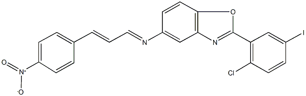 2-(2-chloro-5-iodophenyl)-5-[(3-{4-nitrophenyl}-2-propenylidene)amino]-1,3-benzoxazole 化学構造式