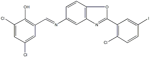 2,4-dichloro-6-({[2-(2-chloro-5-iodophenyl)-1,3-benzoxazol-5-yl]imino}methyl)phenol Structure