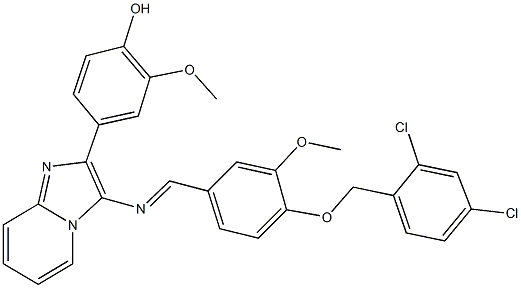 4-[3-({4-[(2,4-dichlorobenzyl)oxy]-3-methoxybenzylidene}amino)imidazo[1,2-a]pyridin-2-yl]-2-methoxyphenol 化学構造式