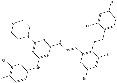 3,5-dibromo-2-[(2,4-dichlorobenzyl)oxy]benzaldehyde [4-(3-chloro-4-methylanilino)-6-morpholin-4-yl-1,3,5-triazin-2-yl]hydrazone 化学構造式