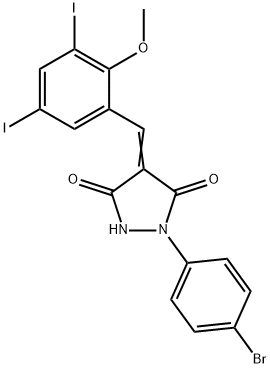 1-(4-bromophenyl)-4-(3,5-diiodo-2-methoxybenzylidene)-3,5-pyrazolidinedione 化学構造式