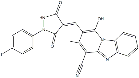 1-hydroxy-2-{[1-(4-iodophenyl)-3,5-dioxo-4-pyrazolidinylidene]methyl}-3-methylpyrido[1,2-a]benzimidazole-4-carbonitrile Struktur