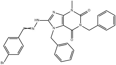 4-bromobenzaldehyde [3-methyl-2,6-dioxo-1,7-bis(phenylmethyl)-2,3,6,7-tetrahydro-1H-purin-8-yl]hydrazone 化学構造式