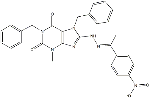 1,7-dibenzyl-8-[2-(1-{4-nitrophenyl}ethylidene)hydrazino]-3-methyl-3,7-dihydro-1H-purine-2,6-dione 结构式