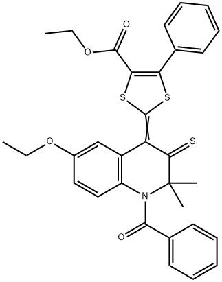 ethyl 2-(1-benzoyl-6-ethoxy-2,2-dimethyl-3-thioxo-2,3-dihydro-4(1H)-quinolinylidene)-5-phenyl-1,3-dithiole-4-carboxylate 结构式