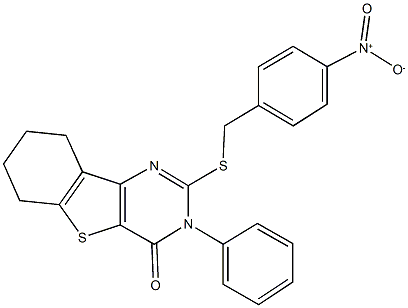 2-({4-nitrobenzyl}sulfanyl)-3-phenyl-6,7,8,9-tetrahydro[1]benzothieno[3,2-d]pyrimidin-4(3H)-one Struktur