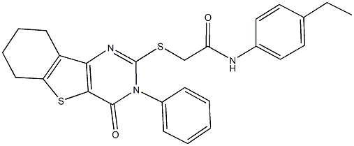 N-(4-ethylphenyl)-2-[(4-oxo-3-phenyl-3,4,6,7,8,9-hexahydro[1]benzothieno[3,2-d]pyrimidin-2-yl)sulfanyl]acetamide 化学構造式