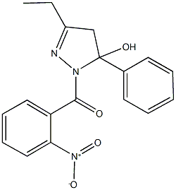 3-ethyl-1-{2-nitrobenzoyl}-5-phenyl-4,5-dihydro-1H-pyrazol-5-ol 化学構造式