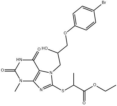 ethyl 2-({7-[3-(4-bromophenoxy)-2-hydroxypropyl]-3-methyl-2,6-dioxo-2,3,6,7-tetrahydro-1H-purin-8-yl}sulfanyl)propanoate Struktur