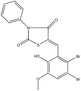 5-(2,3-dibromo-6-hydroxy-5-methoxybenzylidene)-3-phenyl-1,3-thiazolidine-2,4-dione Struktur