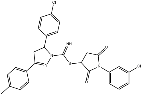 1-(3-chlorophenyl)-2,5-dioxo-3-pyrrolidinyl 5-(4-chlorophenyl)-3-(4-methylphenyl)-4,5-dihydro-1H-pyrazole-1-carbimidothioate,331760-23-7,结构式